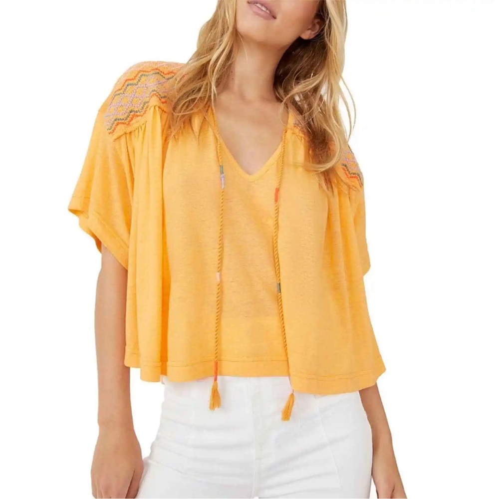 NWT Free People Market Embroidered Boho T-Shirt Short Sleeve V-Neck Over…